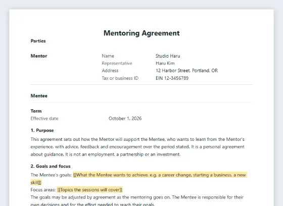 First page of the Mentoring agreement (mentor and mentee) sample, with the blanks to fill in marked