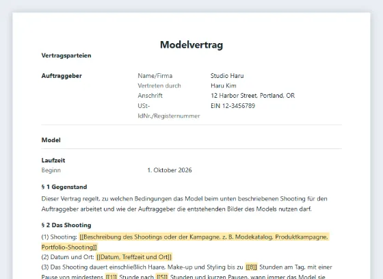 Erste Seite des Musters „Modelvertrag (Shooting und Bildnutzung)“ mit markierten Lücken zum Ausfüllen