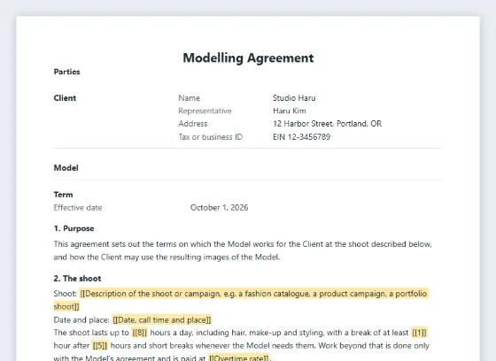 First page of the Modelling agreement sample, with the blanks to fill in marked
