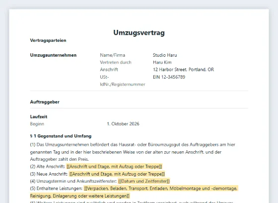 Erste Seite des Musters „Umzugsvertrag“ mit markierten Lücken zum Ausfüllen