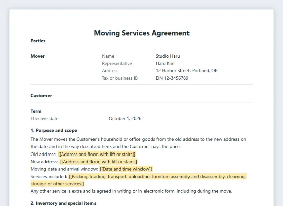 First page of the Moving services agreement sample, with the blanks to fill in marked