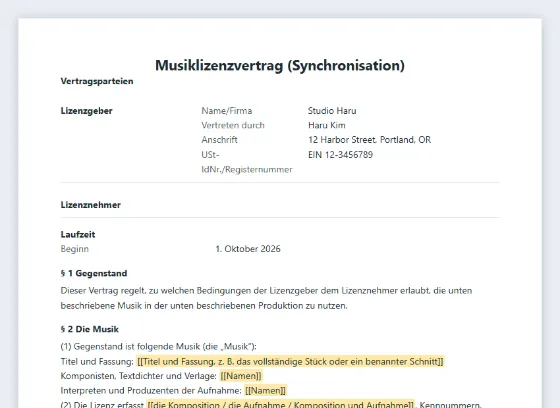 Erste Seite des Musters „Musiklizenzvertrag (Synchronisation)“ mit markierten Lücken zum Ausfüllen