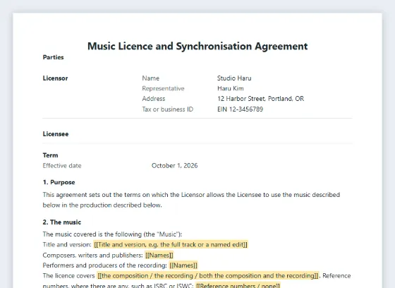 First page of the Music licence and synchronisation agreement sample, with the blanks to fill in marked