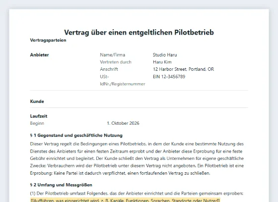 Erste Seite des Musters „Vertrag über einen entgeltlichen Pilotbetrieb“ mit markierten Lücken zum Ausfüllen
