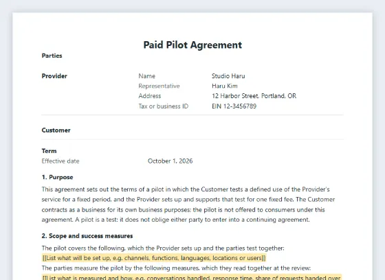 First page of the Paid pilot agreement (fixed period and scope) sample, with the blanks to fill in marked