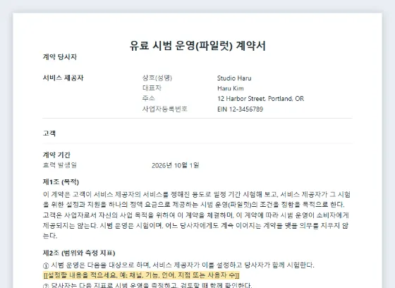 유료 시범 운영(파일럿) 계약서 샘플의 첫 페이지. 채워 넣을 빈칸이 표시되어 있습니다