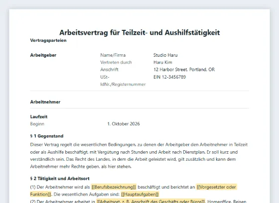 Erste Seite des Musters „Arbeitsvertrag Teilzeit und Aushilfe (Stundenlohn)“ mit markierten Lücken zum Ausfüllen