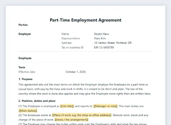 First page of the Part-time employment agreement (hourly pay, shifts) sample, with the blanks to fill in marked