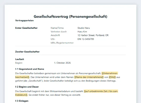 Erste Seite des Musters „Gesellschaftsvertrag (Personengesellschaft)“ mit markierten Lücken zum Ausfüllen