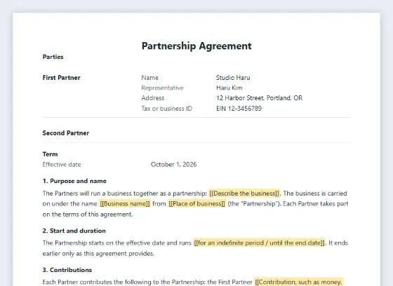 First page of the Partnership agreement sample, with the blanks to fill in marked