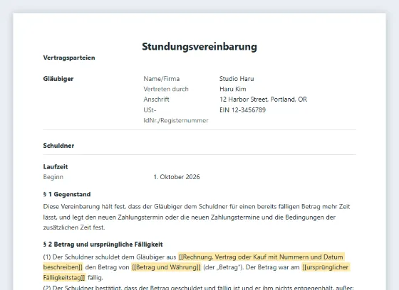 Erste Seite des Musters „Stundungsvereinbarung (Zahlungsaufschub)“ mit markierten Lücken zum Ausfüllen