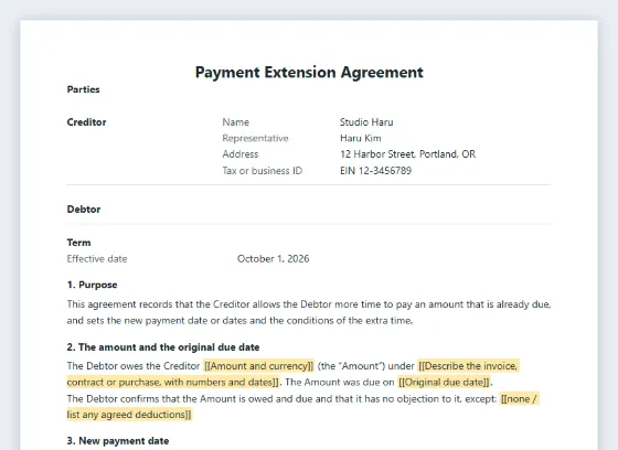 First page of the Payment extension agreement sample, with the blanks to fill in marked