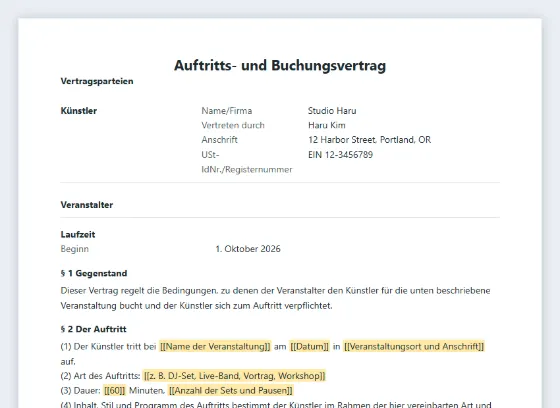 Erste Seite des Musters „Auftritts- und Buchungsvertrag (DJ, Band, Redner)“ mit markierten Lücken zum Ausfüllen