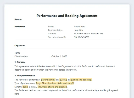 First page of the Performance and booking agreement (DJ, band, speaker) sample, with the blanks to fill in marked