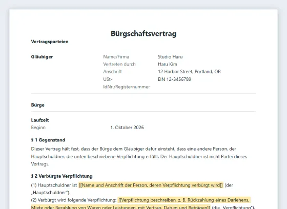 Erste Seite des Musters „Bürgschaftsvertrag“ mit markierten Lücken zum Ausfüllen