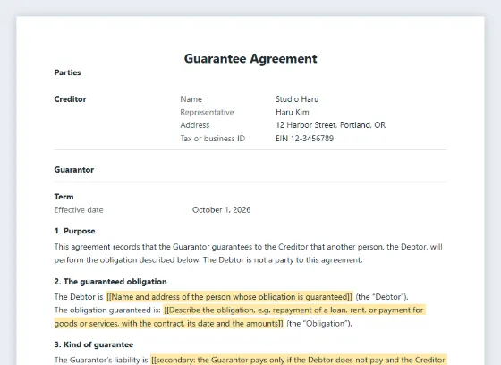 First page of the Guarantee agreement (personal guarantee) sample, with the blanks to fill in marked