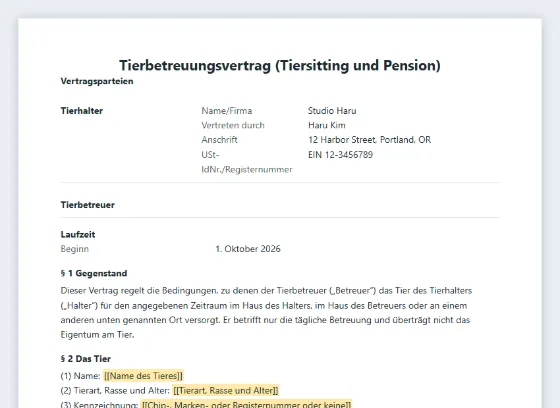 Erste Seite des Musters „Tierbetreuungsvertrag (Tiersitting und Pension)“ mit markierten Lücken zum Ausfüllen