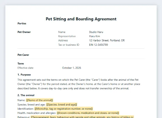 First page of the Pet sitting and boarding agreement sample, with the blanks to fill in marked