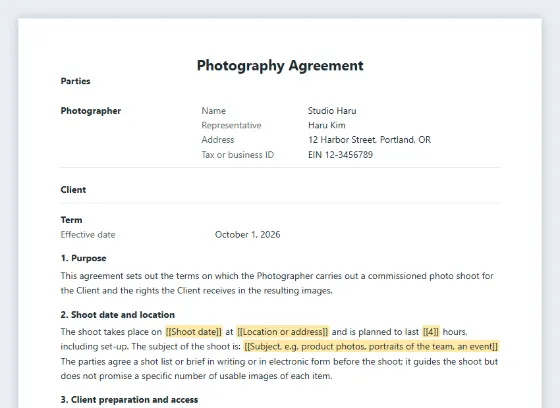 První strana vzoru „Smlouva o fotografování“ s vyznačenými místy k vyplnění