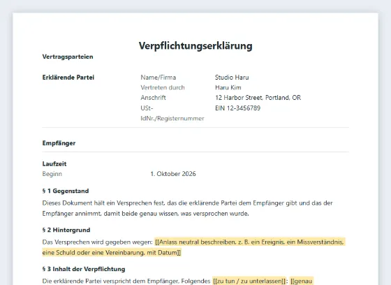 Erste Seite des Musters „Verpflichtungserklärung“ mit markierten Lücken zum Ausfüllen