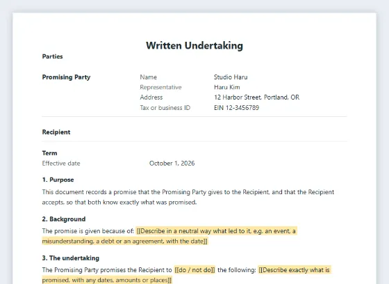 First page of the Written undertaking (pledge) sample, with the blanks to fill in marked