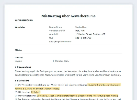 Erste Seite des Musters „Mietvertrag über Gewerberäume (Büro, Atelier, Lager)“ mit markierten Lücken zum Ausfüllen