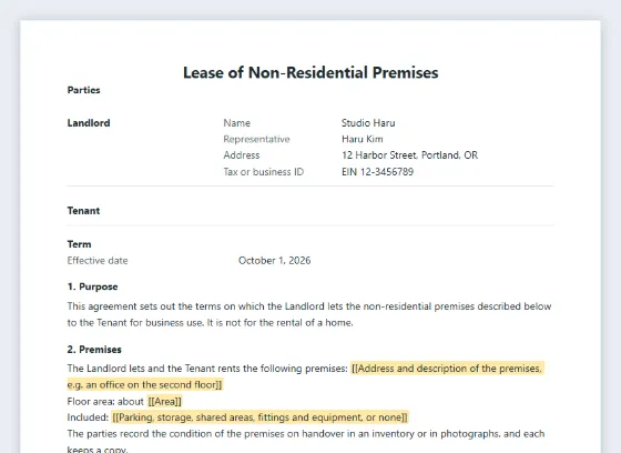 First page of the Lease of non-residential premises (office, studio, storage) sample, with the blanks to fill in marked