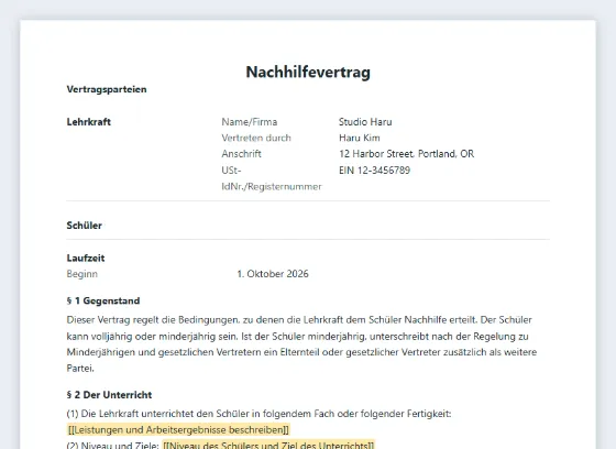 Erste Seite des Musters „Nachhilfevertrag“ mit markierten Lücken zum Ausfüllen
