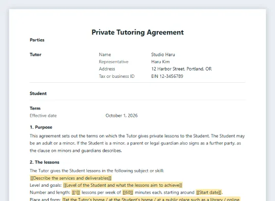First page of the Private tutoring agreement sample, with the blanks to fill in marked