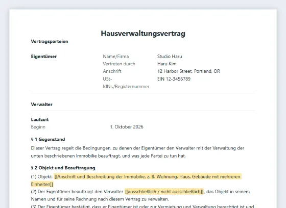 Erste Seite des Musters „Hausverwaltungsvertrag (Mietverwaltung)“ mit markierten Lücken zum Ausfüllen