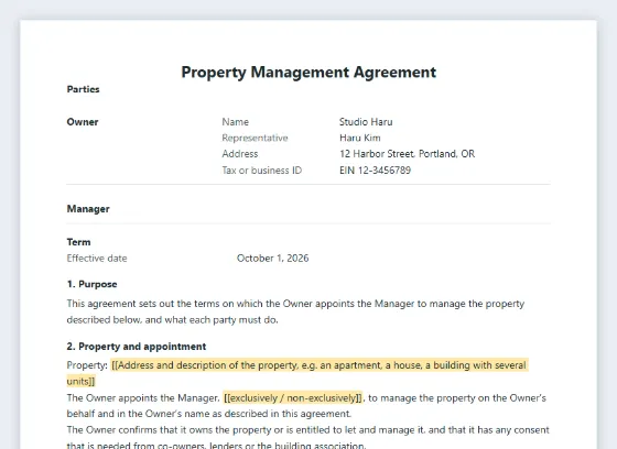 First page of the Property management agreement (owner and manager) sample, with the blanks to fill in marked