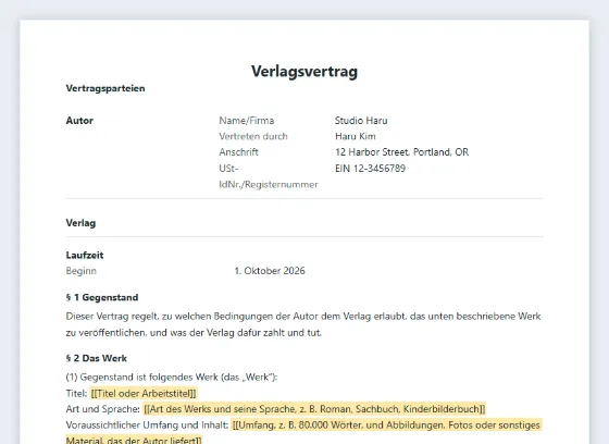Erste Seite des Musters „Verlagsvertrag (Autor und Verlag)“ mit markierten Lücken zum Ausfüllen