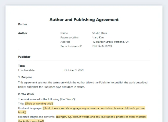 First page of the Author and publishing agreement sample, with the blanks to fill in marked