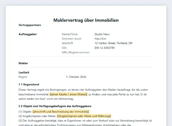 Erste Seite des Musters „Maklervertrag über Immobilien“ mit markierten Lücken zum Ausfüllen