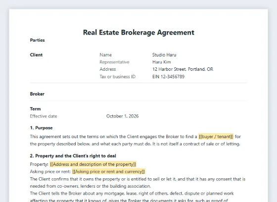 First page of the Real estate brokerage or listing agreement sample, with the blanks to fill in marked
