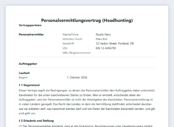 Erste Seite des Musters „Personalvermittlungsvertrag (Headhunting)“ mit markierten Lücken zum Ausfüllen