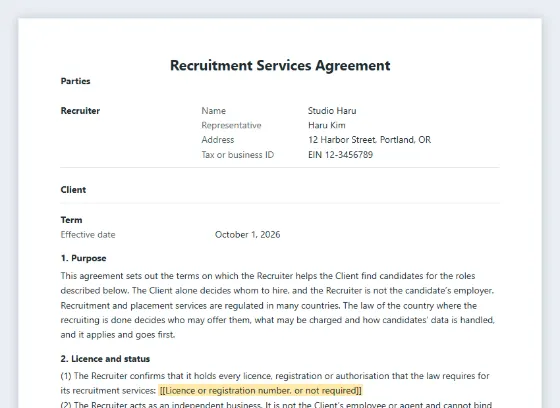 First page of the Recruitment or headhunting services agreement sample, with the blanks to fill in marked
