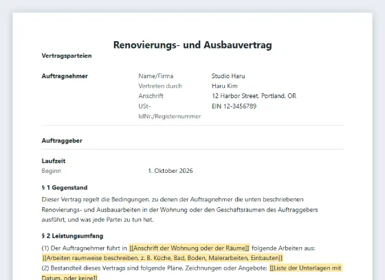Erste Seite des Musters „Renovierungsvertrag (Umbau und Innenausbau)“ mit markierten Lücken zum Ausfüllen