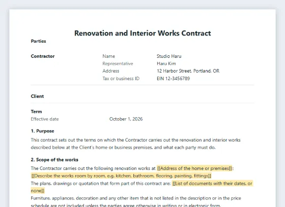 First page of the Home or office renovation contract (interior works) sample, with the blanks to fill in marked