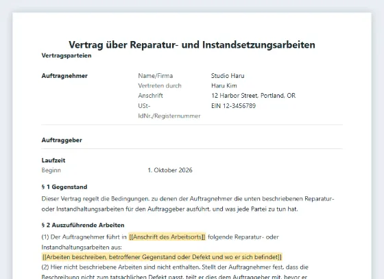 Erste Seite des Musters „Vertrag über Reparatur- und Instandsetzungsarbeiten“ mit markierten Lücken zum Ausfüllen