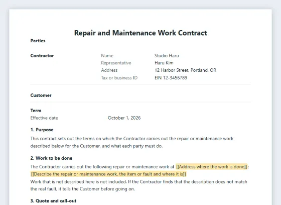 First page of the Repair and maintenance work contract sample, with the blanks to fill in marked