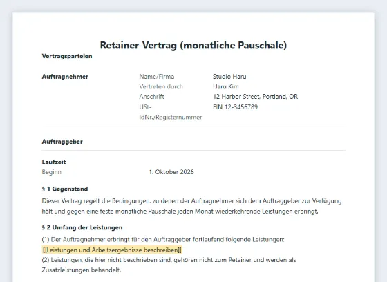 Erste Seite des Musters „Retainer-Vertrag (monatliche Pauschale)“ mit markierten Lücken zum Ausfüllen