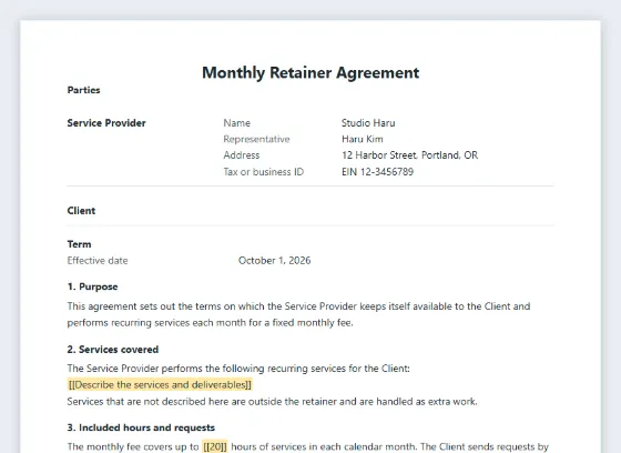 First page of the Monthly retainer agreement sample, with the blanks to fill in marked