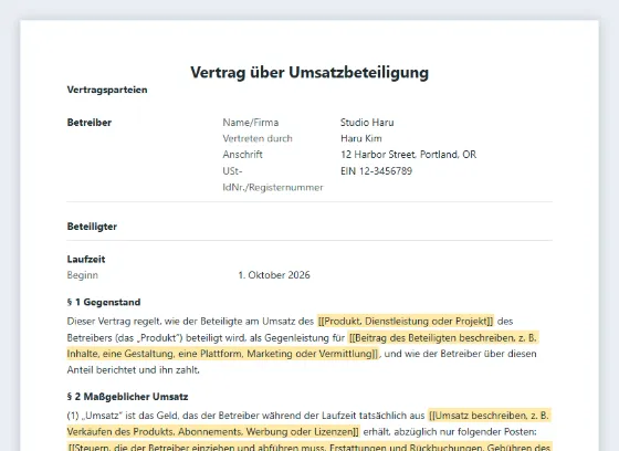 Erste Seite des Musters „Umsatzbeteiligungsvertrag (Revenue Share)“ mit markierten Lücken zum Ausfüllen