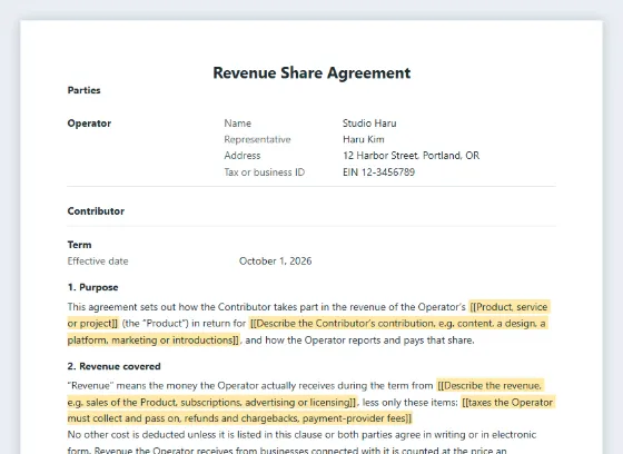 First page of the Revenue share agreement sample, with the blanks to fill in marked