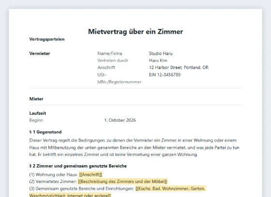 Erste Seite des Musters „Mietvertrag über ein Zimmer (WG, Untermiete)“ mit markierten Lücken zum Ausfüllen