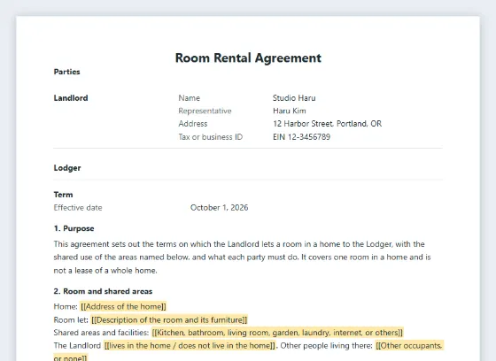 First page of the Room rental or lodger agreement sample, with the blanks to fill in marked