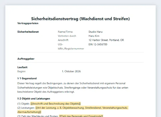 Erste Seite des Musters „Sicherheitsdienstvertrag (Wachdienst und Streifen)“ mit markierten Lücken zum Ausfüllen