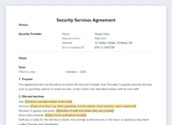 First page of the Security services agreement (guards, patrols) sample, with the blanks to fill in marked
