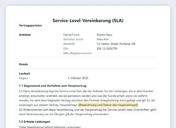 Erste Seite des Musters „Service-Level-Vereinbarung (SLA)“ mit markierten Lücken zum Ausfüllen